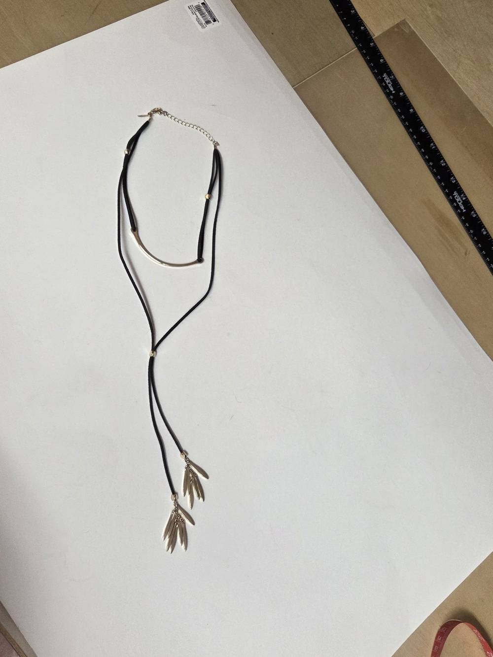 INC International Concepts Black Cord Gold Tone Lariat Tassel Necklace #0434